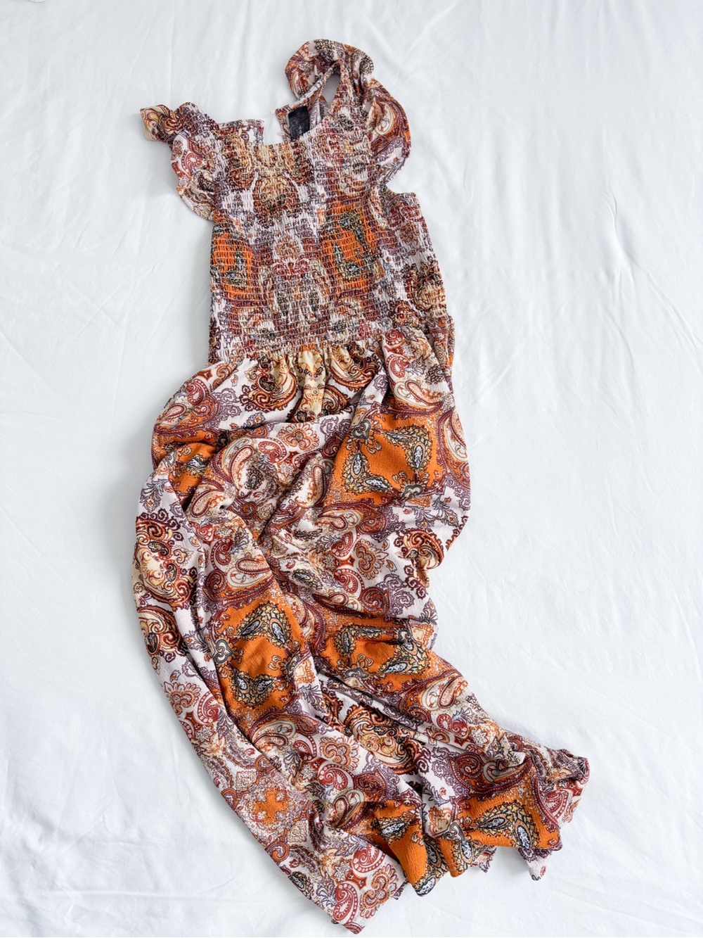 Smocked Paisley Maxi Dress in Orange